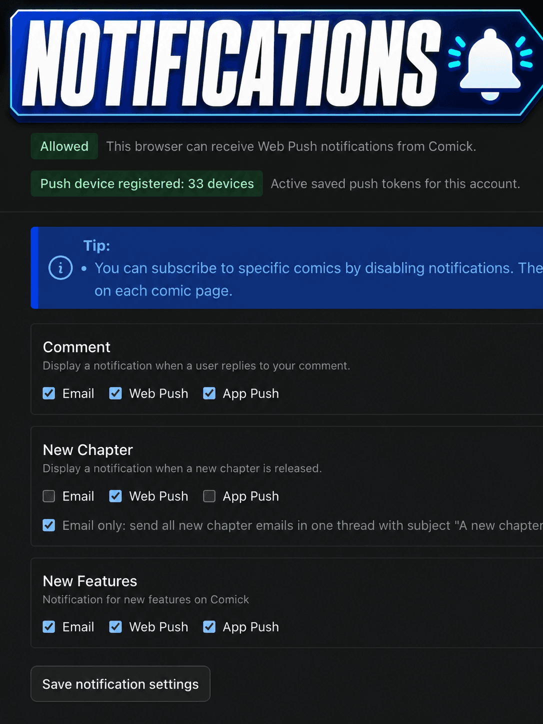 Comick notification preferences